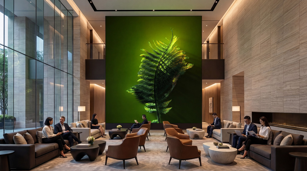 Birth artwork displayed as a focal point in a dimly lit intimate space.